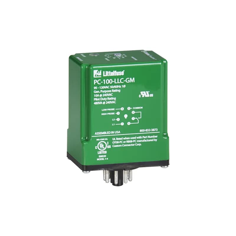 Littelfuse PC-100-LLC-GM - PC-100-LLC-GM is a liquid level control relay with an input voltage ac of 95–120 and an adjustable probe sensitivity from 4.7–100 kΩ.
