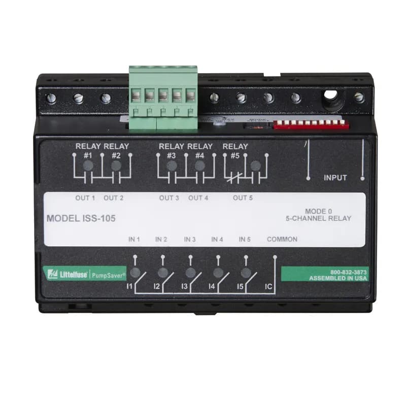 Littelfuse ISS-105-ISO - The ISS-105 is a “smart” five-channel intrinsically safe relay and pump controller. The ISS-105 can be configured for a wide variety of applications including alternating or non-alternating duplex, duplex separate pump stop (SPS), triplex and quadplex applications. It can be set up for pump-up or pump-down applications or can be used as a five-channel relay. The ISS-105 has a long list of features that are needed for multiple pump applications. The ISS-105 can indicate low, high and out-of-sequence alarms. If an out-of-sequence alarm occurs, the skipped pump(s) will be started as intended. The Model ISS-105 can be set up to do non-alternating control, alternating control and alternating control with one non-alternating pump. The non-alternating pump is intended for use with an emergency or jockey pump. The ISS-105 can start an emergency pump once every 50 cycles to keep it working freely. Using the built-in DIP switches, individual pumps can be disabled when taken out of service for repair or maintenance.
