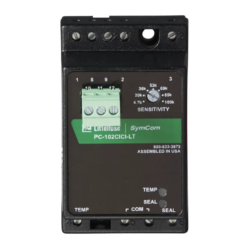 PC-102CICI-LT is a seal-leak and over-temperature detector that uses one input to sense seal failures and the temperature input to detect motor overheating. This unit is configurable to suit various probes. Seal input logic (direct or inverted) and over-temperature trip reset (automatic or manual) is DIP-switch selectable. See datasheet for detailed technical characteristics.
