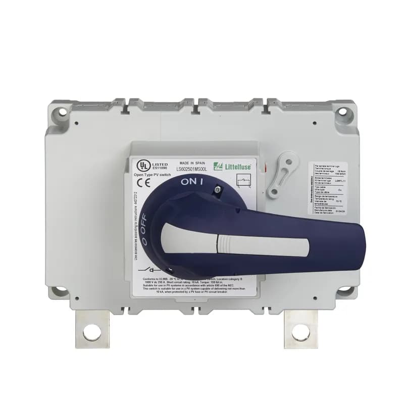 DC SWITCH 1000VDC 250A 1P. When trying to isolate circuits or repair systems, the LS60250 dc disconnect switch quickly breaks or resumes the flow of current safely to prevent shock hazards. It has a total voltage rating of 1000 V dc and an amperage rating of 250 A. Available in a one-pole model. Features Benefits Streamline design eliminates the need for external bridging links (jumpers) to lower heat dissipation for increased energy efficiency, decreased installation and maintenance time, and reduced footprint for added design flexibility High-level disconnection insulation provides a barrier to stop conduction when switch is in off position for added safety The self-cleaning blade contacts eliminate performance degradation (from increased electrical resistance over time) to ensure consistent behavior across the product’s lifespan The internally-located “sandwich-type” 2-contact symmetrical design mitigates the electromagnetic force of repulsion to offer enhanced functionality in short-circuit conditions Meets UL 94 flammability requirements with self-extinguishing/non-flammable materials to prevent fires Applications Solar/PV systems: Combiner boxes, recombiner boxes and inverters Energy storage systems: Disconnection of batteries, containerized batteries Oil & gas: Dc drives Railway: Earthing switches and battery disconnection UPS: Switching and isolation of batteries