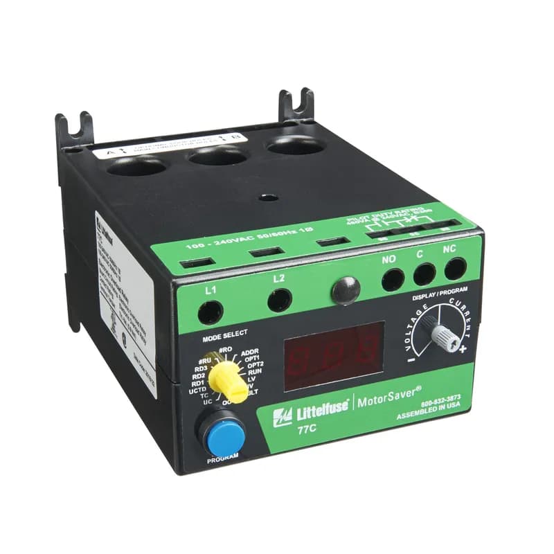 Littelfuse 77C - The 77C single-phase relay provides motor protection with input voltage from 100–240 V ac and motor full load ampere range as follows: 2–25 A (looped conductors required); 26–90 A (direct); 91–800 A (external CTs required).