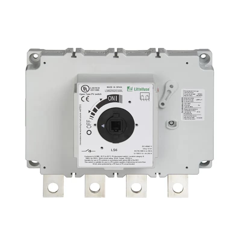 DC SWITCH 1000VDC 400A 2P. When trying to isolate circuits or repair systems, the LS60400 dc disconnect switch quickly breaks or resumes the flow of current safely to prevent shock hazards. It has a total voltage rating of 1000 V dc and an amperage rating of 400 A. Available in a two-pole model. Features Benefits Streamline design eliminates the need for external bridging links (jumpers) to lower heat dissipation for increased energy efficiency, decreased installation and maintenance time, and reduced footprint for added design flexibility High-level disconnection insulation provides a barrier to stop conduction when switch is in off position for added safety The self-cleaning blade contacts eliminate performance degradation (from increased electrical resistance over time) to ensure consistent behavior across the product’s lifespan The internally-located “sandwich-type” 2-contact symmetrical design mitigates the electromagnetic force of repulsion to offer enhanced functionality in short-circuit conditions Meets UL 94 flammability requirements with self-extinguishing/non-flammable materials to prevent fires Applications Solar/PV systems: Combiner boxes, recombiner boxes and inverters Energy storage systems: Disconnection of batteries, containerized batteries Oil & gas: Dc drives Railway: Earthing switches and battery disconnection UPS: Switching and isolation of batteries
