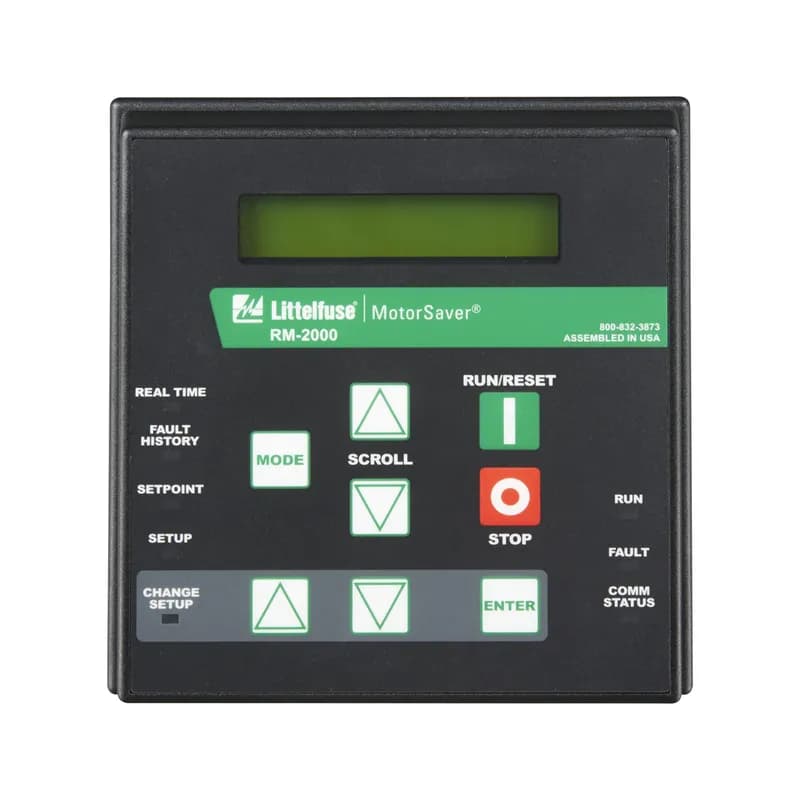 Littelfuse RM2000 - The RM2000 is a motor-monitoring device to be used in conjunction with the 777 family of products (excluding the P1 Series), 77C family of products and the Model 601 voltage monitors, via Modbus protocol with a communications module. The RM-2000/777 motor management system combines unsurpassed electronic motor protection and critical, user-friendly, motor monitoring. The RM2000 has membrane keypad controls which allow both monitoring and control of a 777 relay through an RS-485 network using Modbus RTU protocol. A second communication port allows monitoring and control of up to 99 RM-2000 devices from a PLC, DCS, or SCADA system or a PC with Solutions software installed. The RM2000 will act as a repeater for its motor protector when accessed from the host computer or PLC. In addition to the monitoring functions, the RM2000 can be used to reset a tripped relay. The RM2000 is easily mounted remotely and improves safety for service and operations personnel by allowing them to control and monitor the device without opening the electrical cabinet. Using the RM2000 is a simple, cost-effective method for aiding compliance with arc flash safety regulations. The enclosure and keypad assembly is water and ultraviolet light resistant.