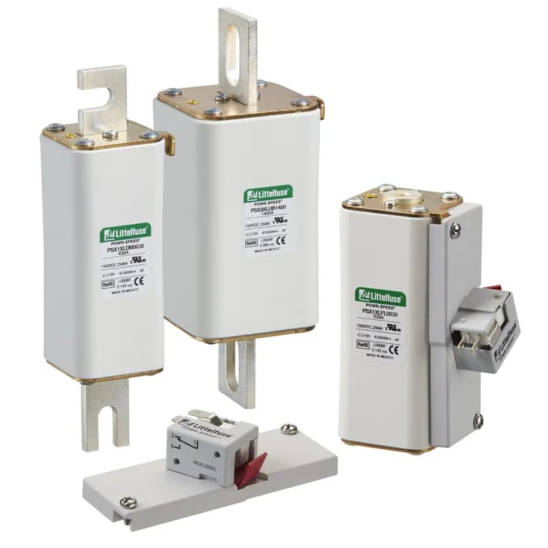 POWR-SPEED SQB SIZE 1XL BOLTED BL 350A. Littelfuse PSX series 1500 V dc high-speed square bodyfuses are specially designed to protect battery energy storage systems (BESS), photovoltaic inverters, and many of dc applications such as dc common bus systems, larger industrial regenerative drives, rectifiers and, metal processing equipment. The PSX series fuses are extremely fast-acting, offering high-speed performance up to 1500 V dc, ranging from 80 A to 1400 A in the smallest NH XL package sizes. The PSX series is available with multiple mounting terminations including flush-end style, DIN-style and bolted-blade style. Visual blown fuse indication is standard on all fuses and optional micro-switch is available for external indication. PSX series are certified to UL 248-13 and designed to meet EN high-speed semiconductor fuse standard and IEC 60269-7, a new battery protection fuse standard in development.