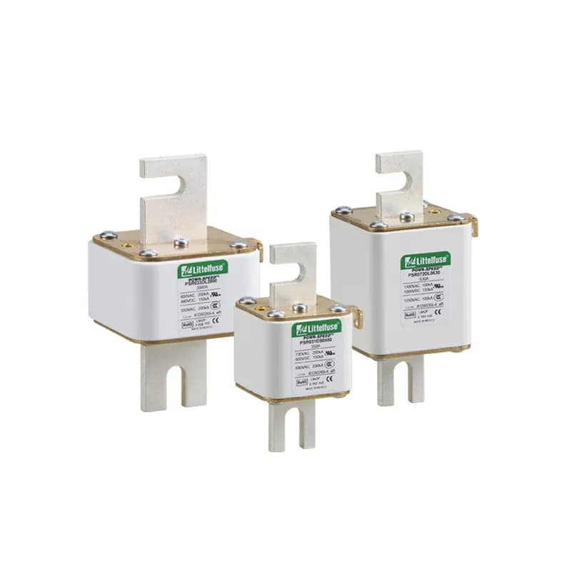 Littelfuse PSR033DS0500 - Littelfuse PSR series high-speed square body fuses are specially designed for protection of power semiconductor devices such as diodes, triacs, IGBTs, SCRs, MOSFETs, and other solid-state devices that are typically designed into power conversion and power conditioning equipment. Variable frequency drives, inverters, UPS, rectifiers, and soft-starters are examples of typical equipment designed with sensitive power semiconductor devices that cannot withstand any line surge or overcurrent conditions and require high-speed protection. Littelfuse POWR-SPEED® PSR series products offer optimized circuit protection at the extremely fast speed required to protect modern day power conversion devices. Available in DIN43653 blade style termination with visual blown fuse indication standard on all fuses and optional micro-switch for external indication.