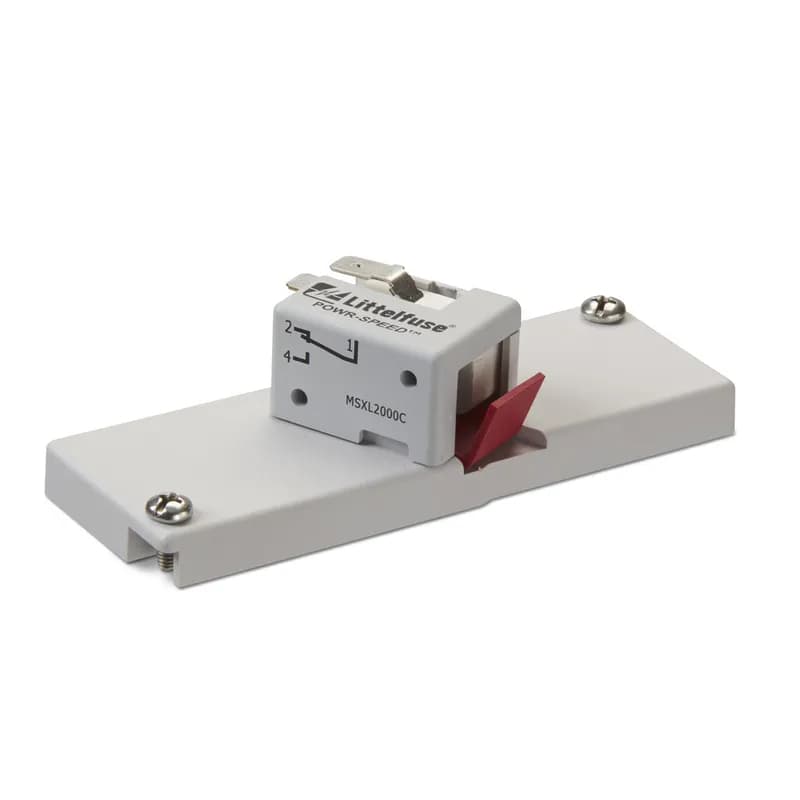 Littelfuse MSXL2000C - Littelfuse MSXL Series external mount microswitches offer permanent blown fuse indication to PSX Series High-Speed Square-Body Semiconductor Fuses. They have one normally open (N.O.) and one normally closed (N.C.) contact rated for 4A, 250 V ac. These microswitches have a visual red flap or arm indicator that releases after fuse blown condition and can also be used for resetting the microswitch contacts. Features/Benefits: Available to fit PSX Series fuse case sizes 1XL–3XL; Internal microswitch UL Recognized; Red flap visual indicator and contact reset mechanism.