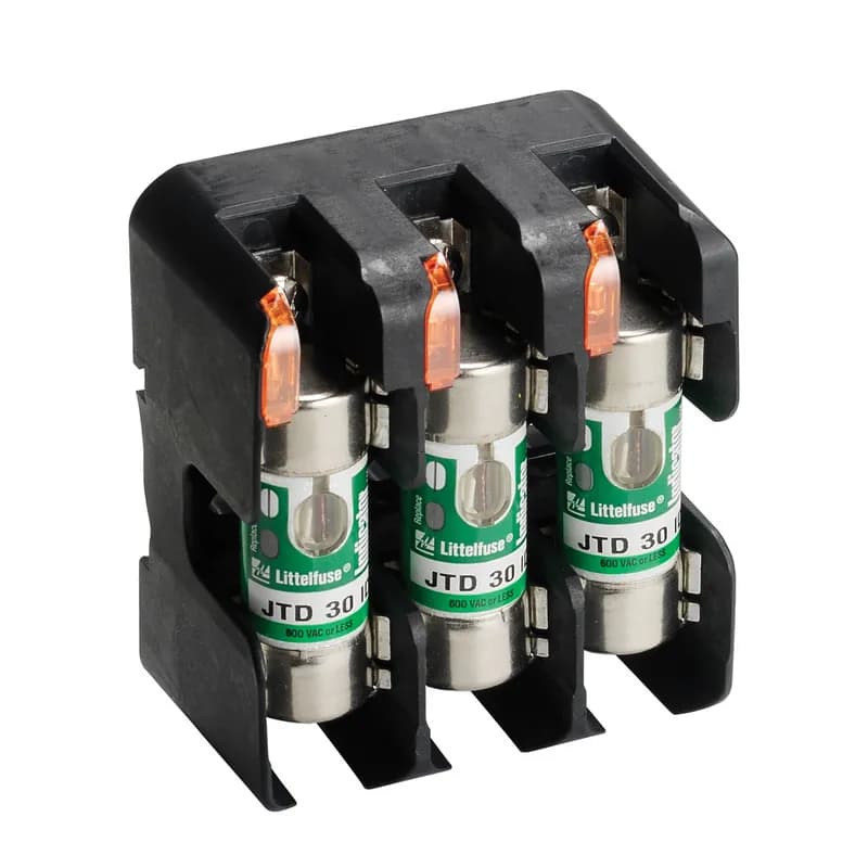 Features and Benefits: Indication offered on all versions except 200A-600A; DIN Rail releasable for all non-knife blade style fuses; Only one hand is required to release from DIN Rail (lock open lock closed); Phenolic blocks have side barriers for isolation; Spring reinforced fuse clips are standard on 100A and larger blocks. Reinforcing springs are optional on 30A and 60A blocks; Universal mounting holes make for easy replacement; Space-saving design — up to 45% smaller than existing blocks.