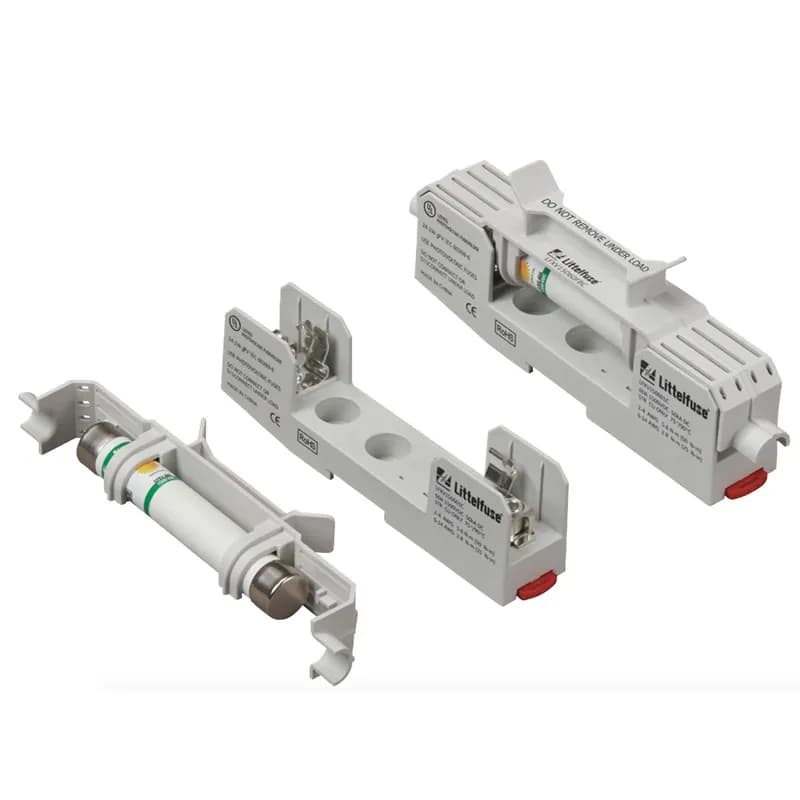 The Littelfuse LFXV15 series fuse block and cover is designed to hold 1500 V size 20 x 127 mm fuses rated 35–60 amperes. Suitable for photovoltaic systems (string and high-capacity combiner boxes) with fault currents up to 50 kA. With available ampere ratings up to 60 A, more strings can be pre-combined in harnesses to reduce the number of inputs into combiner boxes, thereby decreasing installation time and labor costs.
