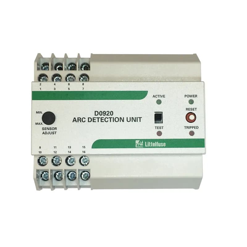 The D0920 Arc Detection Unit is a high-speed arc-detection device for electrical power-distribution systems. The D0920 supports up to three point sensors (A0220) mounted in a switchboard, and requires a 230 Vac supply. On the occurrence of an arc fault, the D0920 detects the fault and pulses the trip output in less than 1 ms. The fast trip time reduces the risk of personal injury and equipment damage. The D0920 is typically supplied from the switchboard main power. The AC voltage may fail when an arc fault develops. The D0920 uses energy stored in an internal capacitor to trip the circuit breaker. The storage capacitor is an extremely long-life electrolytic capacitor with a specified life time of more than 30 years at an ambient temperature of 50°C (121°F). The trip energy stored is sufficient for circuit breakers with a 220/250 Vdc shunt trip coil. The D0920 has one output indication relay with an isolated normally-open contact, and one output indication relay with an isolated normally-closed contact. Additional features include power and trip indication, test mode, and sensitivity adjustment.
