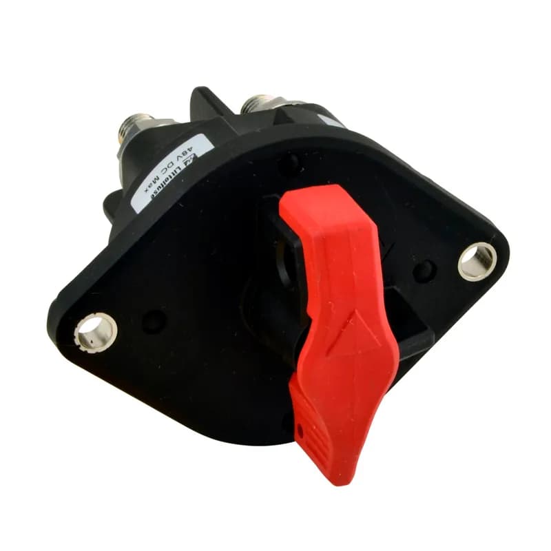 TR Series dual pole 500A Master Disconnect Switch cuts all battery power from vehicle electrical systems with applications needing switching of two circuits, or both positive and negative. Ingress protection to IP67 and IP69K means that the switch can be mounted in exposed locations on the vehicle. Drop-in replacement for competitive Master Disconnect Switches, with higher vibration and shock capabilities. 500A continuous current rating for each of the two circuits (using 2 x 4/0 input and 2 x 4/0 output cables). Can be used to switch two vehicle voltage circuits simultaneously (24V and 12V). Disconnect a battery or multiple batteries, in either the positive or the negative line. Direct lockout/tagout capability in On or Off position, with padlock or hasp. Specifications: Max operating voltage: 48V DC; Max continuous current: 500A per circuit, with 2 x 4/0 input and 2 x 4/0 output cables; 350A per circuit, with 1 x 4/0 input and 1 x 4/0 output cables; Cranking rating (30sec): 2250A per circuit, with 2 x 4/0 input and 2 x 4/0 output cables; 1750A per circuit, with 1 x 4/0 input and 1 x 4/0 output cables; Inrush rating (1 sec): 3000A per circuit with 2 x 4/0 + 1 x 2 AWG; Terminal stud size: M12 x 25mm; Temperature range: -50° to 85°C, DC-Rated to 105°C; Humidity: 0 - 95% RH; Shock: 30 G; Vibration: 8 G; Ingress rating: IP67 & IP69K.