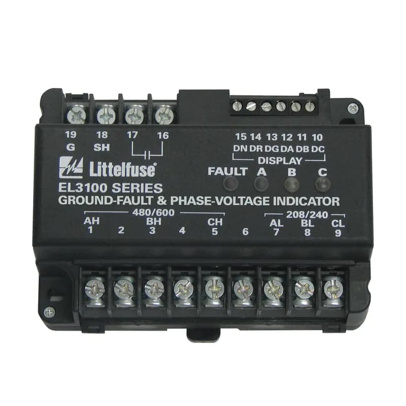 Operates on AC ungrounded systems. The EL3100 is a self-powered ground-fault and phase voltage indication system for 3-phase systems. The EL3100 meets the National Electrical Code (NEC, Article 250.21(B)) and the Canadian Electrical Code (CEC) requirements for ground detectors for ungrounded alternating-current systems. Voltage connections are provided on the EL3100 for 208, 240, 480, and 600-V systems. Three green LED’s on the EL3100 indicate the presence of phase-to-ground voltage and one red LED indicates a ground fault. The EL3100 can operate stand-alone or with up to five remote LED indicators. A solid-state relay output provides indication of a ground fault. The output relay is closed when the 3-phase neutral voltage shifts as the result of ground leakage.