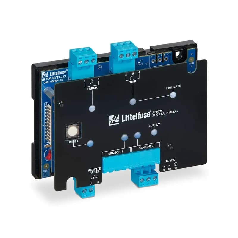 Littelfuse AF0025-00 - The AF0025 series arc-flash relay is a cost-effective and OEM-focused solution that provides innovative arc-flash protection in a compact package. The relay is able to significantly reduce arc-fault damage in ac and dc compartments by detecting the light from an arc flash using one or two optical sensors, and rapidly providing a trip signal. The compact design means it can be surface or DIN-rail mounted into the smallest spaces possible, making it an ideal OEM solution for tight cabinets such as combiner boxes and inverters. The AF0025 is conformal coated to provide protection from environmental concerns.The use of one or two sensors makes it flexible for small or medium-size panels, with onboard or remote reset capability. There are no settings required, making it quick and easy to install without the need for a computer. The unit also includes a solid-state redundant trip circuit, providing an internal fail-safe mechanism and a very fast arc-flash response even during power up. One isolated changeover (Form C) output contact is provided to issue the trip signal to the interrupting device, which can be set to fail-safe or non-fail-safe operating modes. A second Form C contact is provided to signal an error condition such as a loss of communication to a sensor