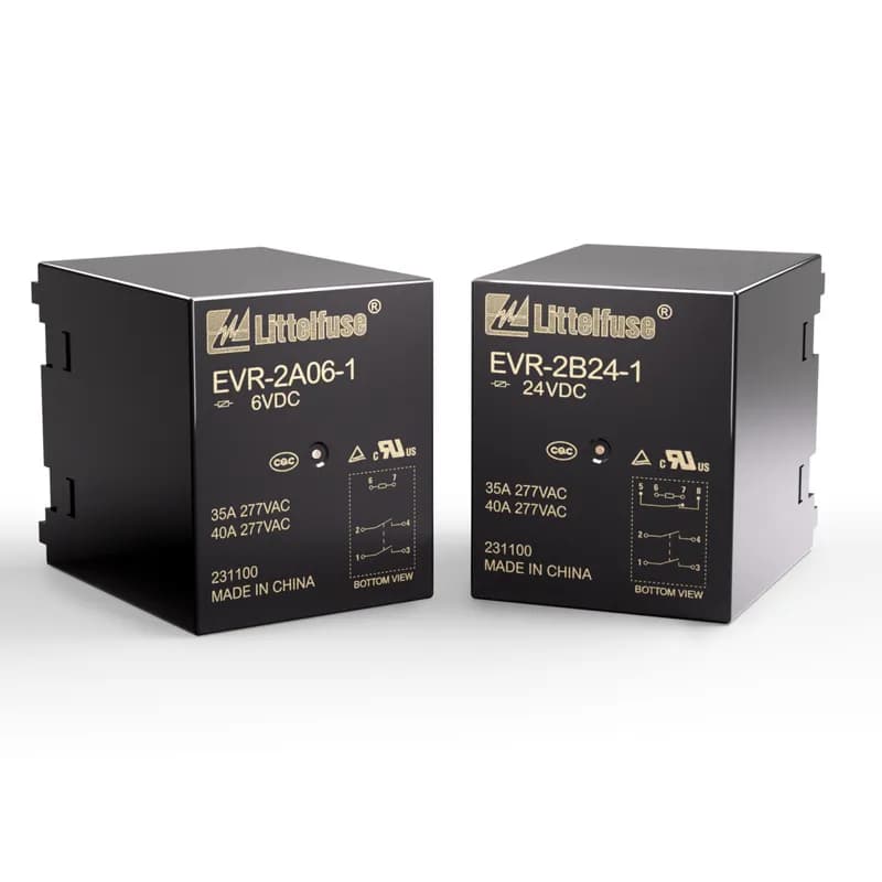 The EVR Series printed circuit board (PCB) two-pole (2P) ac power relay is designed to switch EV charging applications on and off. Its extended contact gap of greater than 3 mm provides better isolation and allows for usage in higher elevation environments. The very compact form factor has a low temperature rise and heavy-duty power switching current up to 40 A/277 V ac. This relay family enables compliance with all EV charging infrastructure standards such as IEC 62955, IEC 62752 and UL 2231.