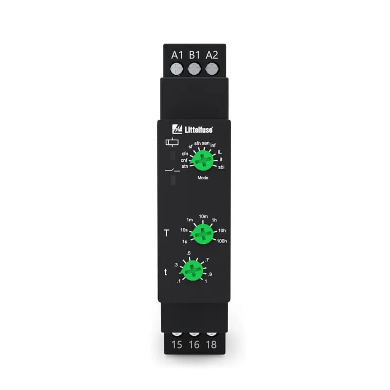 Littelfuse TMM175-11-0 - The TMM175-11-0 is a Multifunction timer that is manufactured to a high degree of precision and accuracy. The time settings are stepless and can be set with the knob on the front face. The TMM175-11-0 has the following modes: Signal On Delay, Cyclic On / Off, Cyclic Off / On, Signal Off Delay, Signal Off / On, Accumulative Delay On Signal, Impulse On / Off, Leading Edge Impulse, Trailing Edge Impulse, and Leading Edge Bi-stable.