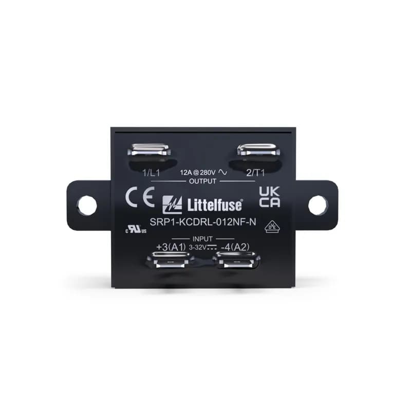 Littelfuse SRP1-KCDZL-012NF-N - The SRP1-KC Relays series offers a slim, low-profile solution for tight-space installations. Designed with convenience and reliability in mind, these compact solid-state relays (SSRs) are ideal for OEM applications in foodservice equipment and other space-constrained control panels. Low-Profile Housing: Optimized for compact enclosures and flat mounting surfaces where space is at a premium. Quick Installation: Equipped with ¼” Faston terminals for both power and control connections, simplifying wiring and replacement. Built-In Protection: Integrated VDR ensures added protection against voltage transients for improved durability.