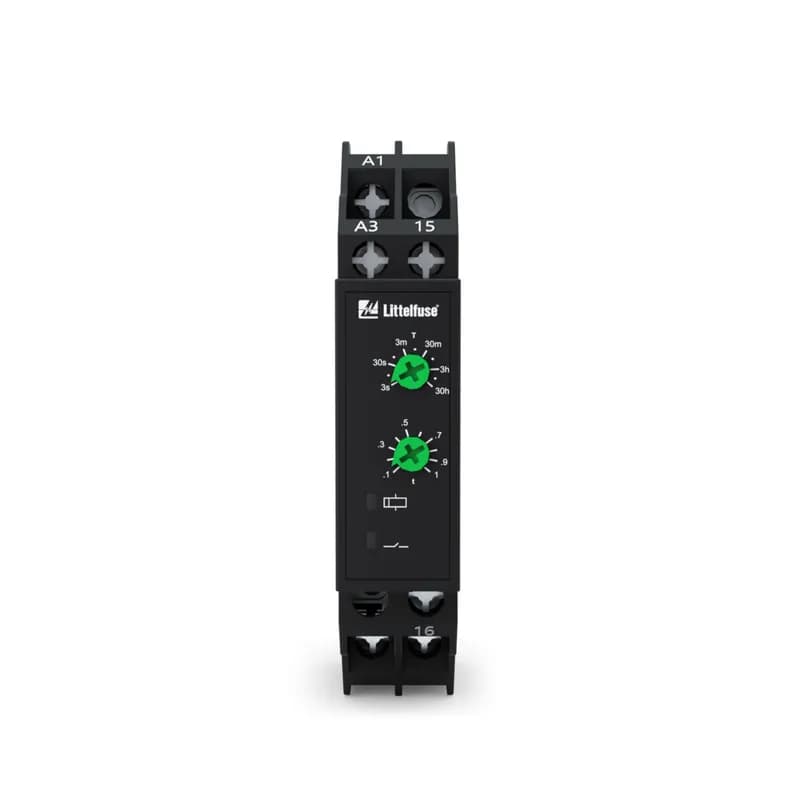Littelfuse TMM175-23-1 - The TMM175-23-1 and TMM175-23-4 combines accurate and precise timing circuitry with a wide timing range (0.3 s - 30 h). It’s compact size is easy to install and is suitable for Din-Rail and Base Mounting.The TMM175-23-1 On-delay timer is a time-delay relay used to delay the activation of an output after the input signal is applied. When the input is turned on, the timer waits for a pre-set delay time before activating the output. This type of timer is commonly used in industrial applications to ensure devices or processes start with a time gap, such as in motor control or starting up machinery, where immediate activation might cause damage or require a controlled start-up process.
