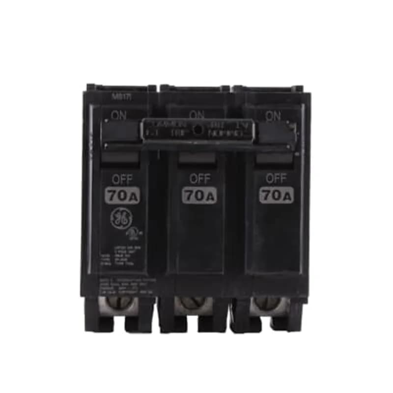 Q Line circuit breakers are one-inch wide per pole, compact, thermal-magnetic devices designed for residential and commercial applications in load centers or lighting panels. All Q Line circuit breakers feature Quick-make / Quick-break mechanisms, common trip bars, and easy to spot trip indication to ensure safety and reliability. Q Line breakers can be ordered with auxiliary contact and shunt trip accessories, and can be ordered for use in HID applications. The THQL32070 breaker features 3 poles, an ampere rating of 70 A, an interrupting rating of 10kAIC, and a voltage rating of 240V.
