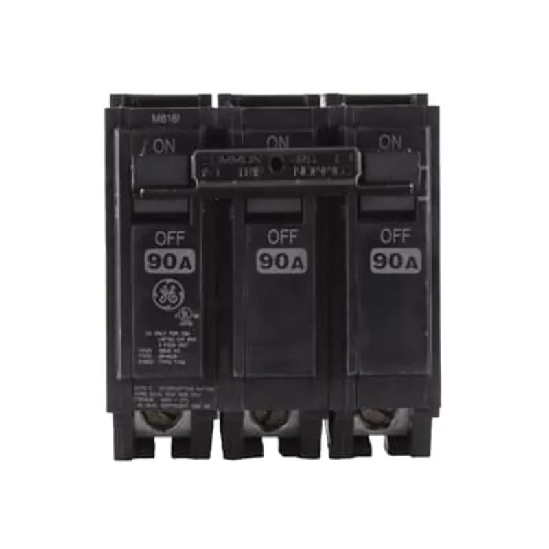 Q Line circuit breakers are one-inch wide per pole, compact, thermal-magnetic devices designed for residential and commercial applications in load centers or lighting panels. All Q Line circuit breakers feature Quick-make / Quick-break mechanisms, common trip bars, and easy to spot trip indication to ensure safety and reliability. Q Line breakers can be ordered with auxiliary contact and shunt trip accessories, and can be ordered for use in HID applications. The THQL32090 breaker features 3 poles, an ampere rating of 90 A, an interrupting rating of 10kAIC, and a voltage rating of 240V.