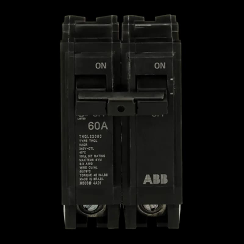 Q Line circuit breakers are one-inch wide per pole, compact, thermal-magnetic devices designed for residential and commercial applications in load centers or lighting panels. All Q Line circuit breakers feature Quick-make / Quick-break mechanisms, common trip bars, and easy to spot trip indication to ensure safety and reliability. Q Line breakers can be ordered with auxiliary contact and shunt trip accessories, and can be ordered for use in HID applications. The THQL22060 breaker features 2 poles, an ampere rating of 60 A, an interrupting rating of 10kAIC, and a voltage rating of 240V.