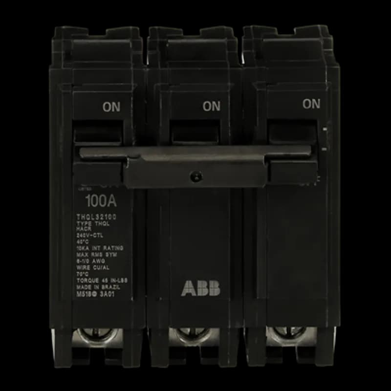 Q Line circuit breakers are one-inch wide per pole, compact, thermal-magnetic devices designed for residential and commercial applications in load centers or lighting panels. All Q Line circuit breakers feature Quick-make / Quick-break mechanisms, common trip bars, and easy to spot trip indication to ensure safety and reliability. Q Line breakers can be ordered with auxiliary contact and shunt trip accessories, and can be ordered for use in HID applications. The THQL32100 breaker features 3 poles, an ampere rating of 100 A, an interrupting rating of 10kAIC, and a voltage rating of 240V.