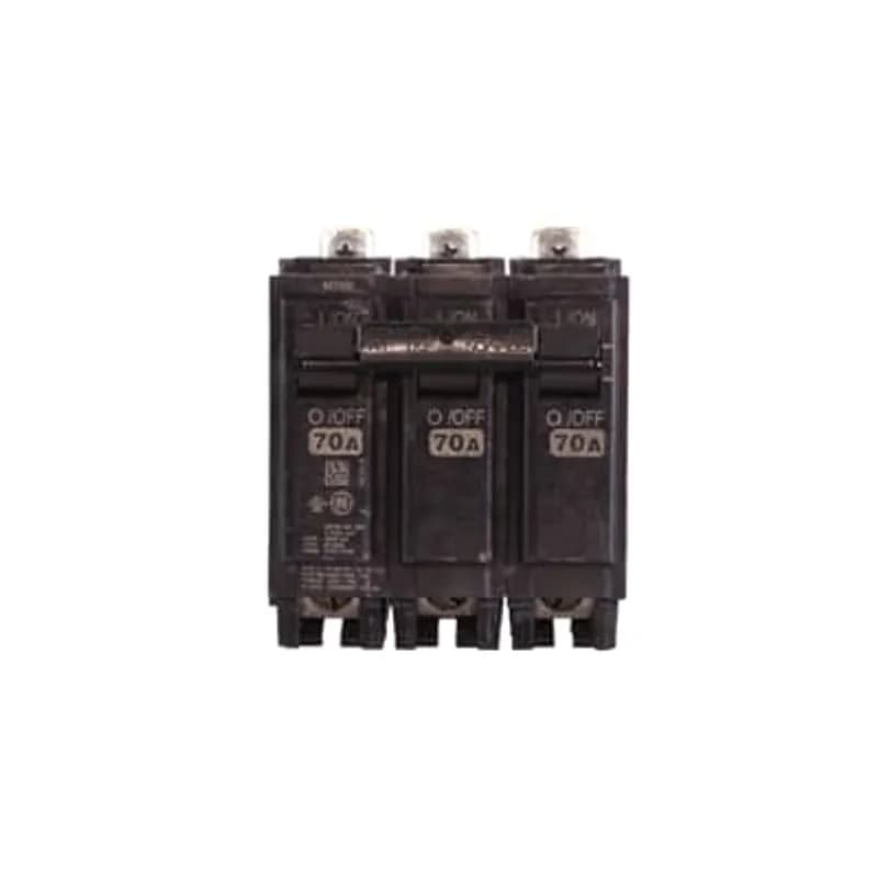 Q line circuit breakers are one-inch wide per pole, compact, thermal-magnetic devices designed for residential and commercial applications. The QB breakers are bolt-on versions of the Q Line used for bolting to the bus connections of load centers and lighting panels. All Q Line circuit breakers feature Quick-make / Quick-break mechanisms, common trip bars, and easy to spot trip indication to ensure safety and reliability. Q Line breakers are available in 1, 2, and 3 pole versions, can be ordered with auxiliary contact and shunt trip accessories, and can be ordered for use in HID applications. 2070 Amps 70 A