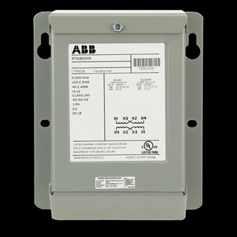 ABB's QB single phase transformers feature encapsulated core and coils in a NEMA 3R nonventilated weatherproof enclosure. Knock outs provided on back and bottom. Mounting holes on side for easy access. Wiring compartment includes ground stud.