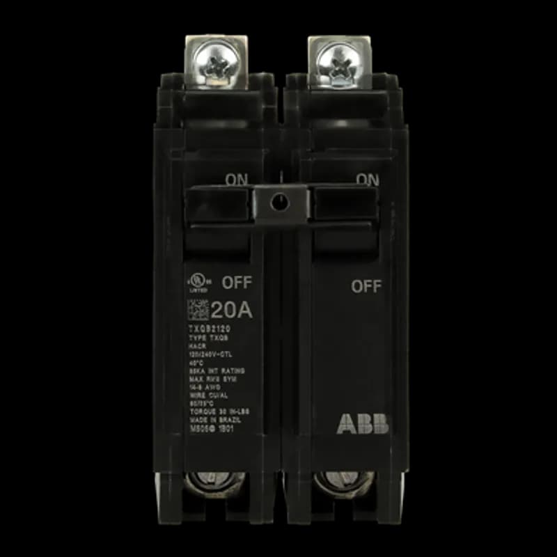 ABB - Electrification TXQB2120 - Q line circuit breakers are one-inch wide per pole, compact, thermal-magnetic devices designed for residential and commercial applications. The QB breakers are bolt-on versions of the Q Line used for bolting to the bus connections of load centers and lighting panels. All Q Line circuit breakers feature Quick-make / Quick-break mechanisms, common trip bars, and easy to spot trip indication to ensure safety and reliability. Q Line breakers are available in 1, 2, and 3 pole versions, can be ordered with auxiliary contact and shunt trip accessories, and can be ordered for use in HID applications. 2120 Amps 20 A