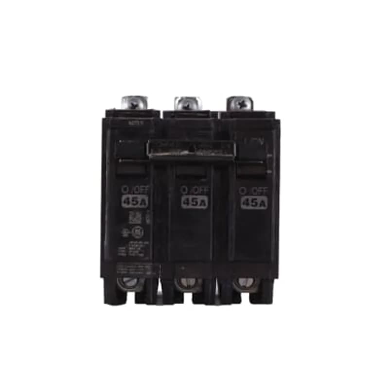 Q line circuit breakers are one-inch wide per pole, compact, thermal-magnetic devices designed for residential and commercial applications. The QB breakers are bolt-on versions of the Q Line used for bolting to the bus connections of load centers and lighting panels. All Q Line circuit breakers feature Quick-make / Quick-break mechanisms, common trip bars, and easy to spot trip indication to ensure safety and reliability. Q Line breakers are available in 1, 2, and 3 pole versions, can be ordered with auxiliary contact and shunt trip accessories, and can be ordered for use in HID applications. 2045 Amps 45 A