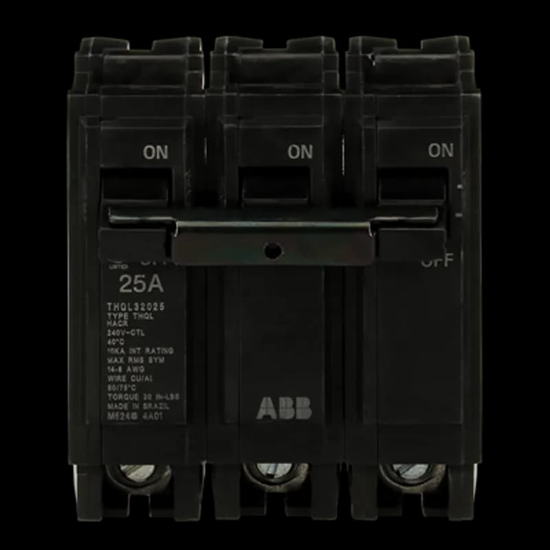 Q Line circuit breakers are one-inch wide per pole, compact, thermal-magnetic devices designed for residential and commercial applications in load centers or lighting panels. All Q Line circuit breakers feature Quick-make / Quick-break mechanisms, common trip bars, and easy to spot trip indication to ensure safety and reliability. Q Line breakers can be ordered with auxiliary contact and shunt trip accessories, and can be ordered for use in HID applications. The THQL32025 breaker features 3 poles, an ampere rating of 25 A, an interrupting rating of 10kAIC, and a voltage rating of 240V.