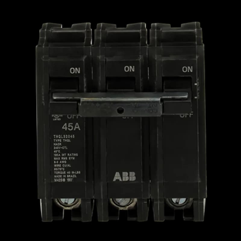 Q Line circuit breakers are one-inch wide per pole, compact, thermal-magnetic devices designed for residential and commercial applications in load centers or lighting panels. All Q Line circuit breakers feature Quick-make / Quick-break mechanisms, common trip bars, and easy to spot trip indication to ensure safety and reliability. Q Line breakers can be ordered with auxiliary contact and shunt trip accessories, and can be ordered for use in HID applications. The THQL32045 breaker features 3 poles, an ampere rating of 45 A, an interrupting rating of 10kAIC, and a voltage rating of 240V.