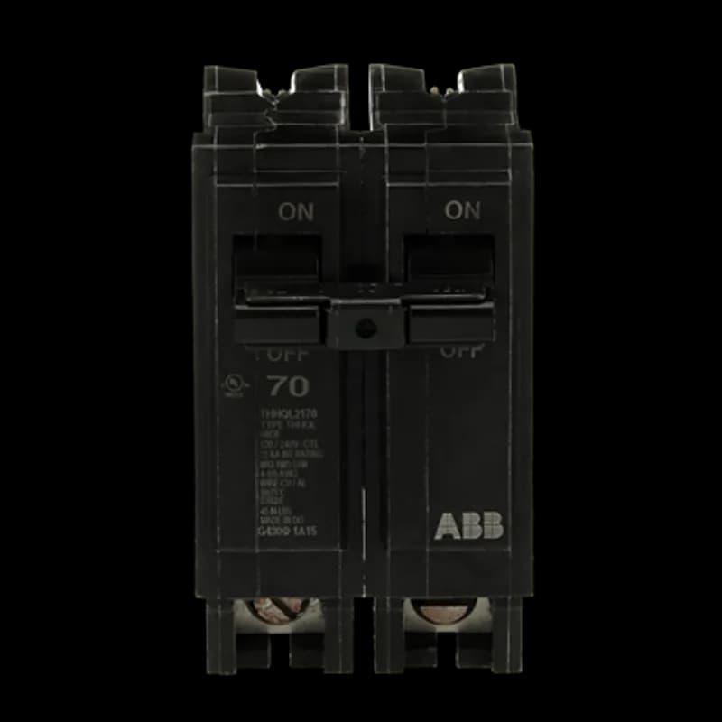 ABB - Electrification THHQL2170 - Q line circuit breakers are one-inch wide per pole, compact, thermal-magnetic devices designed for residential and commercial applications. The QL breakers are plug-in versions of the Q Line used for connection to load centers and lighting panels. All Q Line circuit breakers feature Quick-make / Quick-break mechanisms, common trip bars, and easy to spot trip indication to ensure safety and reliability. Q Line breakers are available in 1, 2, and 3 pole versions, can be ordered with auxiliary contact and shunt trip accessories, and can be ordered for use in HID applications. 2170 Amps 70 A