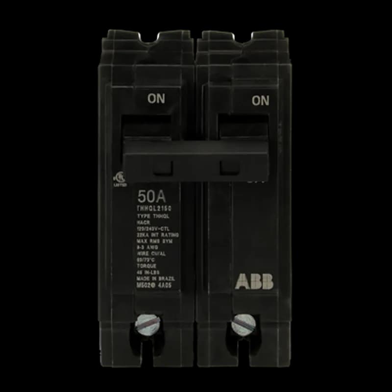 ABB - Electrification THHQL2150 - Q line circuit breakers are one-inch wide per pole, compact, thermal-magnetic devices designed for residential and commercial applications. The QL breakers are plug-in versions of the Q Line used for connection to load centers and lighting panels. All Q Line circuit breakers feature Quick-make / Quick-break mechanisms, common trip bars, and easy to spot trip indication to ensure safety and reliability. Q Line breakers are available in 1, 2, and 3 pole versions, can be ordered with auxiliary contact and shunt trip accessories, and can be ordered for use in HID applications. 2150 Amps 50 A
