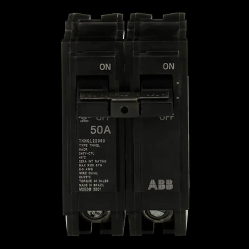 ABB - Electrification THHQL22050 - Q line circuit breakers are one-inch wide per pole, compact, thermal-magnetic devices designed for residential and commercial applications. The QL breakers are plug-in versions of the Q Line used for connection to load centers and lighting panels. All Q Line circuit breakers feature Quick-make / Quick-break mechanisms, common trip bars, and easy to spot trip indication to ensure safety and reliability. Q Line breakers are available in 1, 2, and 3 pole versions, can be ordered with auxiliary contact and shunt trip accessories, and can be ordered for use in HID applications. 2050 Amps 50 A