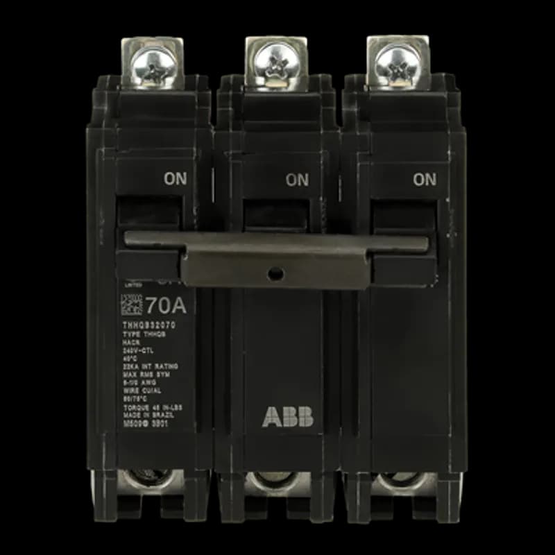 Q line circuit breakers are one-inch wide per pole, compact, thermal-magnetic devices designed for residential and commercial applications. The QB breakers are bolt-on versions of the Q Line used for bolting to the bus connections of load centers and lighting panels. All Q Line circuit breakers feature Quick-make / Quick-break mechanisms, common trip bars, and easy to spot trip indication to ensure safety and reliability. Q Line breakers are available in 1, 2, and 3 pole versions, can be ordered with auxiliary contact and shunt trip accessories, and can be ordered for use in HID applications. 2070 Amps 70 A
