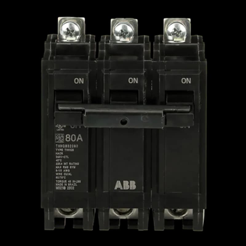 Q line circuit breakers are one-inch wide per pole, compact, thermal-magnetic devices designed for residential and commercial applications. The QB breakers are bolt-on versions of the Q Line used for bolting to the bus connections of load centers and lighting panels. All Q Line circuit breakers feature Quick-make / Quick-break mechanisms, common trip bars, and easy to spot trip indication to ensure safety and reliability. Q Line breakers are available in 1, 2, and 3 pole versions, can be ordered with auxiliary contact and shunt trip accessories, and can be ordered for use in HID applications. 2080 Amps 80 A