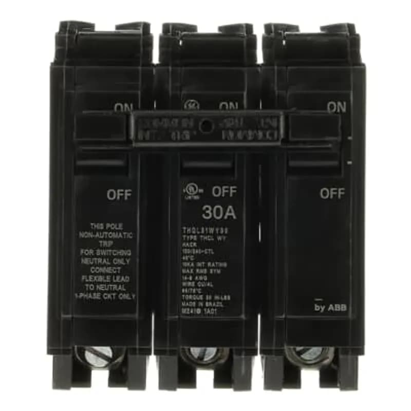 ABB - Electrification THQL31WY30 - A Molded Case Switch Breaker Is used to protect the circuit from being overwhelmed with large amounts of current. This could result in the breaker short circuiting or overloading. The THQL31WY30 breaker features 3 poles, an ampere rating of 30 A, an interrupting rating of 10kAIC, and a voltage rating of 240 V.