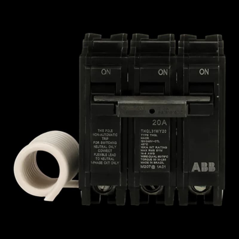ABB - Electrification THQL31WY20 - A Molded Case Switch Breaker Is used to protect the circuit from being overwhelmed with large amounts of current. This could result in the breaker short circuiting or overloading. The THQL31WY20 breaker features 3 poles, an ampere rating of 20 A, an interrupting rating of 10kAIC, and a voltage rating of 240 V.