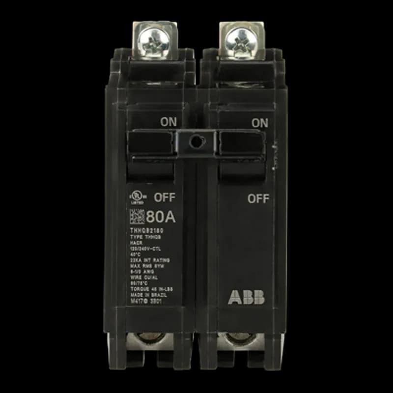 Q line circuit breakers are one-inch wide per pole, compact, thermal-magnetic devices designed for residential and commercial applications. The QB breakers are bolt-on versions of the Q Line used for bolting to the bus connections of load centers and lighting panels. All Q Line circuit breakers feature Quick-make / Quick-break mechanisms, common trip bars, and easy to spot trip indication to ensure safety and reliability. Q Line breakers are available in 1, 2, and 3 pole versions, can be ordered with auxiliary contact and shunt trip accessories, and can be ordered for use in HID applications. 2180 Amps 80 A