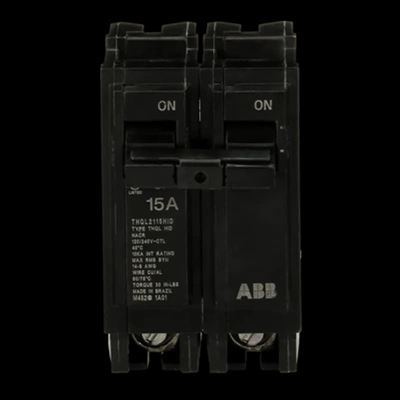 spikes that result when gaseous discharge lamps, including fluorescent and HID lamps, are switched on and off. The THQL2115HID breaker features 2 poles, an ampere rating of 15 A, an interrupting rating of 10kAIC, and a voltage rating of 120/240V.