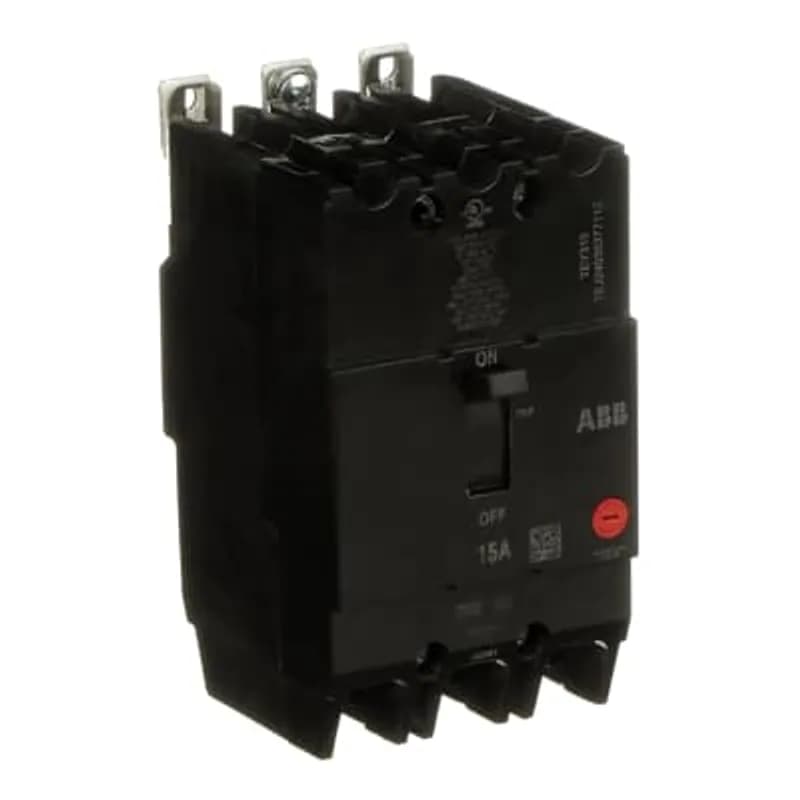 The TEY is a one-inch wide per pole, compact, "bolt-on" circuit breaker for use on grounded 480Y/277 Vac systems. The bolt-on mounting base accessory makes the TEY suitable for varied applications as a lug-lug breaker. All TEY circuit breakers feature Quick-make / Quick-break mechanisms, common trip bars, and easy to spot trip indication to ensure safety and reliability. TEY breakers are available in 1, 2, and 3 pole versions and can be ordered with auxiliary contact and shunt trip accessories. TEY 3 POLE 15 AMP