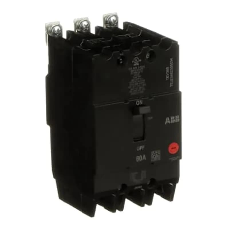 ABB - Electrification TEY360 - The TEY is a one-inch wide per pole, compact, "bolt-on" circuit breaker for use on grounded 480Y/277 Vac systems. The bolt-on mounting base accessory makes the TEY suitable for varied applications as a lug-lug breaker. All TEY circuit breakers feature Quick-make / Quick-break mechanisms, common trip bars, and easy to spot trip indication to ensure safety and reliability. TEY breakers are available in 1, 2, and 3 pole versions and can be ordered with auxiliary contact and shunt trip accessories. CIRCUIT BREAKER THREE POLE