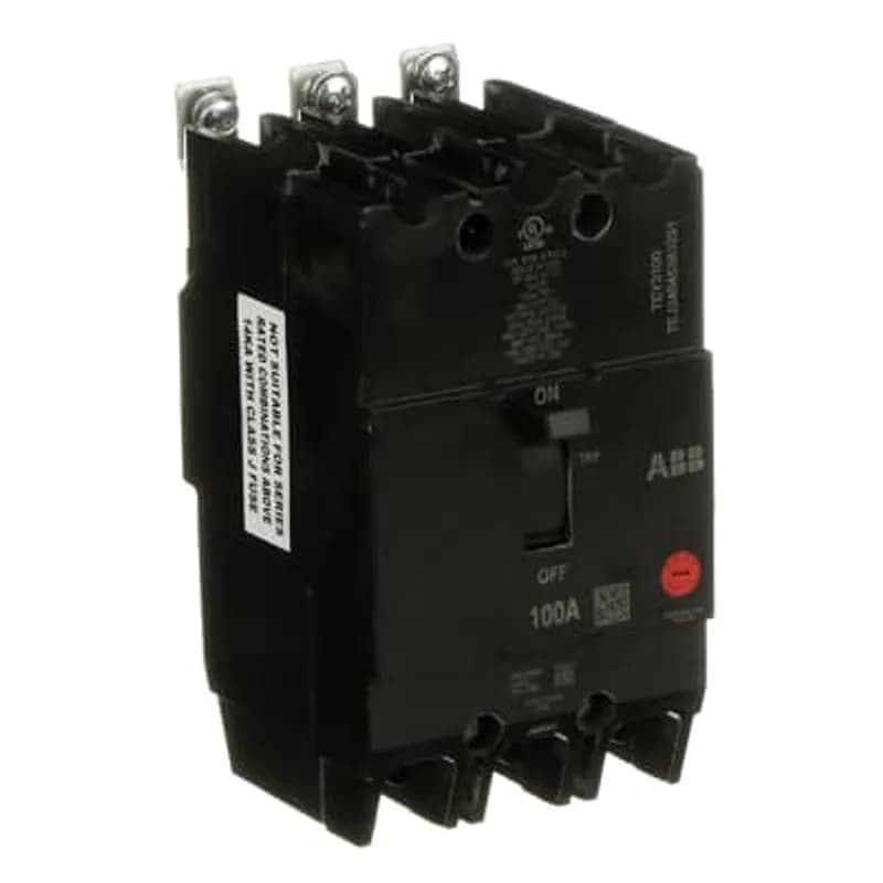 ABB - Electrification TEY3100 - The TEY is a one-inch wide per pole, compact, "bolt-on" circuit breaker for use on grounded 480Y/277 Vac systems. The bolt-on mounting base accessory makes the TEY suitable for varied applications as a lug-lug breaker. All TEY circuit breakers feature Quick-make / Quick-break mechanisms, common trip bars, and easy to spot trip indication to ensure safety and reliability. TEY breakers are available in 1, 2, and 3 pole versions and can be ordered with auxiliary contact and shunt trip accessories. TEY 3 POLE 100 AMP