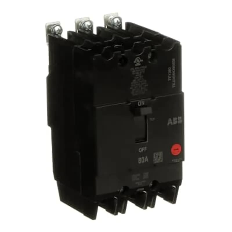 ABB - Electrification TEY380 - The TEY is a one-inch wide per pole, compact, "bolt-on" circuit breaker for use on grounded 480Y/277 Vac systems. The bolt-on mounting base accessory makes the TEY suitable for varied applications as a lug-lug breaker. All TEY circuit breakers feature Quick-make / Quick-break mechanisms, common trip bars, and easy to spot trip indication to ensure safety and reliability. TEY breakers are available in 1, 2, and 3 pole versions and can be ordered with auxiliary contact and shunt trip accessories. CIRCUIT BREAKER THREE POLE