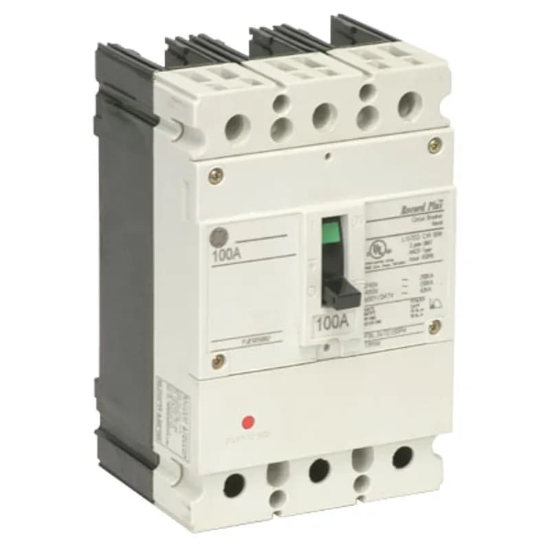 Record Plus½ represents the very latest in molded case circuit breaker design. Utilizing design features such as double-break rotary contact structures and advanced ablative materials to enhance interruption, Record Plus½ is capable of interrupting ratings up to 200kA (FB max is 150kA). High kAIC ratings, selective coordination, reduced arc flash energy, and current limitation embody the core design principles of Record Plus½. FB 100 circuit breakers are supplied with factory installed non-user interchangeable thermal-magnetic trip units and ca n be supplie d with o r wit hout l ugs. FB breakers are available in 1-, 2- and 3-pole versions. Record Plus½ product numbers ending in R or R0 do not include lugs. An R1 suffix indicates that the breaker is supplied with line and load lugs, R2 indicates load lugs, and R3 indicates line lugs. RV suffixed product numbers include load lugs and line connections specifically designed for General Electric type AD panels. All frames use common internal accessories (auxiliary switches, UV releases, shunt trips, and bell alarms) UL listed for field installation. UL listed maximum short circuit ratings at 480VAC are 150kA for the 100A frames and 200kA for the 600A frames. Unless noted otherwise, all circuit breakers and accessories are listed in UL file number E11592. 100A MCCB 3P 600Y347