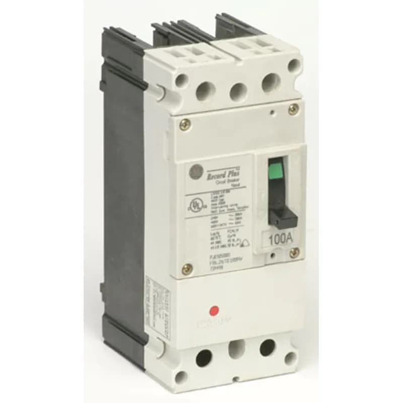 Record Plus½ represents the very latest in molded case circuit breaker design. Utilizing design features such as double-break rotary contact structures and advanced ablative materials to enhance interruption, Record Plus½ is capable of interrupting ratings up to 200kA (FB max is 150kA). High kAIC ratings, selective coordination, reduced arc flash energy, and current limitation embody the core design principles of Record Plus½. FB 100 circuit breakers are supplied with factory installed non-user interchangeable thermal-magnetic trip units and ca n be supplie d with o r wit hout l ugs. FB breakers are available in 1-, 2- and 3-pole versions. Record Plus½ product numbers ending in R or R0 do not include lugs. An R1 suffix indicates that the breaker is supplied with line and load lugs, R2 indicates load lugs, and R3 indicates line lugs. RV suffixed product numbers include load lugs and line connections specifically designed for General Electric type AD panels. All frames use common internal accessories (auxiliary switches, UV releases, shunt trips, and bell alarms) UL listed for field installation. UL listed maximum short circuit ratings at 480VAC are 150kA for the 100A frames and 200kA for the 600A frames. Unless noted otherwise, all circuit breakers and accessories are listed in UL file number E11592. 20A MCCB 2P 600Y347