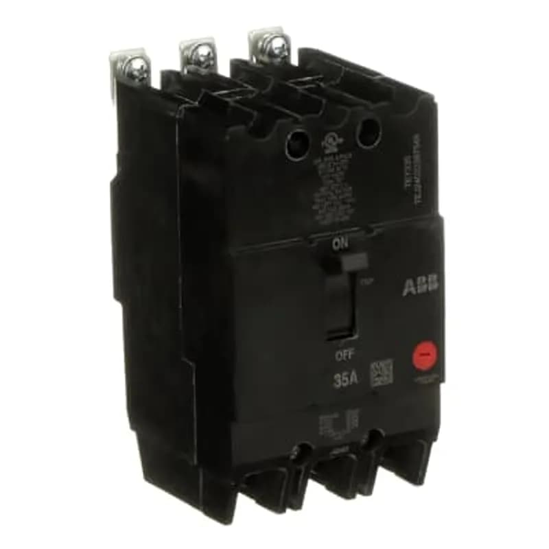 ABB - Electrification TEY335 - The TEY is a one-inch wide per pole, compact, "bolt-on" circuit breaker for use on grounded 480Y/277 Vac systems. The bolt-on mounting base accessory makes the TEY suitable for varied applications as a lug-lug breaker. All TEY circuit breakers feature Quick-make / Quick-break mechanisms, common trip bars, and easy to spot trip indication to ensure safety and reliability. TEY breakers are available in 1, 2, and 3 pole versions and can be ordered with auxiliary contact and shunt trip accessories. MCCB 3P 35A BOLT-ON
