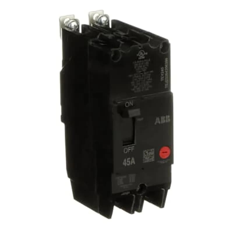 The TEY is a one-inch wide per pole, compact, "bolt-on" circuit breaker for use on grounded 480Y/277 Vac systems. The bolt-on mounting base accessory makes the TEY suitable for varied applications as a lug-lug breaker. All TEY circuit breakers feature Quick-make / Quick-break mechanisms, common trip bars, and easy to spot trip indication to ensure safety and reliability. TEY breakers are available in 1, 2, and 3 pole versions and can be ordered with auxiliary contact and shunt trip accessories. MCCB 2P 45A BOLT-ON