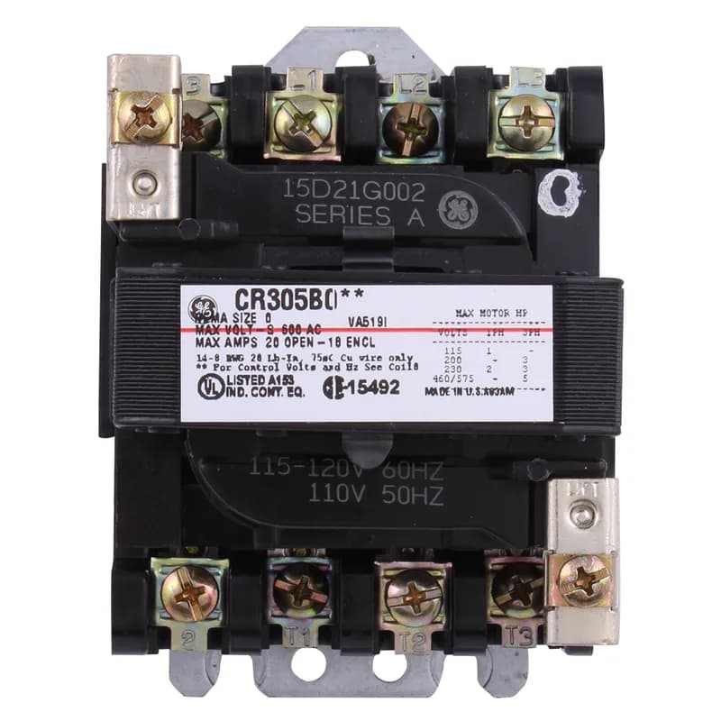 Contactors, NEMA, Full Voltage, Non-Reversing, NEMA Size: 0, Maximum Voltage: 600 VAC, Amp Rating: 20 Amp, Horsepower Rating: 3 @ 230 VAC, Coil Voltage: 115 VAC @ 60 Hz, Enclosure Type: Open Type, Dimensions: 3.06 Inch W x 4.5 Inch H x 3.94 Inch D, Features: Supplied with 1 Normally Open Auxiliary Contact