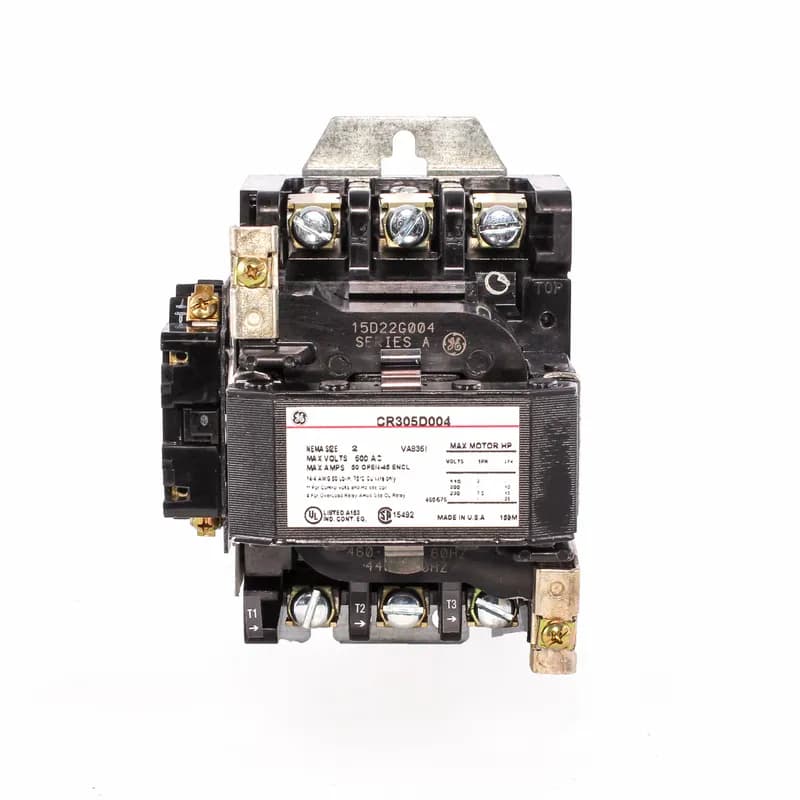 Contactors, NEMA, Full Voltage, Non-Reversing, NEMA Size: 2, Maximum Voltage: 600 VAC, Amp Rating: 50 Amp, Horsepower Rating: 25 @ 460 VAC, Coil Voltage: 460 VAC @ 60 Hz, Enclosure Type: Open Type, Dimensions: 5.44 Inch W x 6.62 Inch H x 5.50 Inch D, Features: Supplied with 1 Normally Open Auxiliary Contact