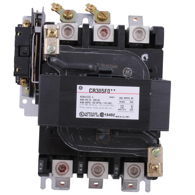 Contactors, NEMA, Full Voltage, Non-Reversing, NEMA Size: 4, Maximum Voltage: 600 VAC, Amp Rating: 150 Amp, Horsepower Rating: 100 @ 460 VAC, Coil Voltage: 460 VAC @ 60 Hz, Enclosure Type: Open Type, Dimensions: 4.5 Inch W x 8.5 Inch H x 6.50 Inch D, Features: Supplied with 1 Normally Open Auxiliary Contact